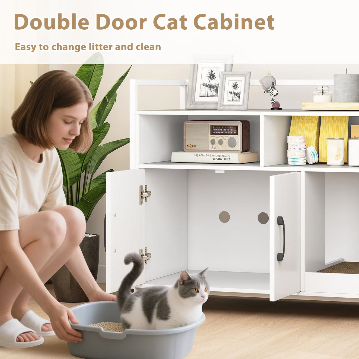Cat Litter Box Enclosure w/ Storage Compartments Removable Scratching Board Gray
