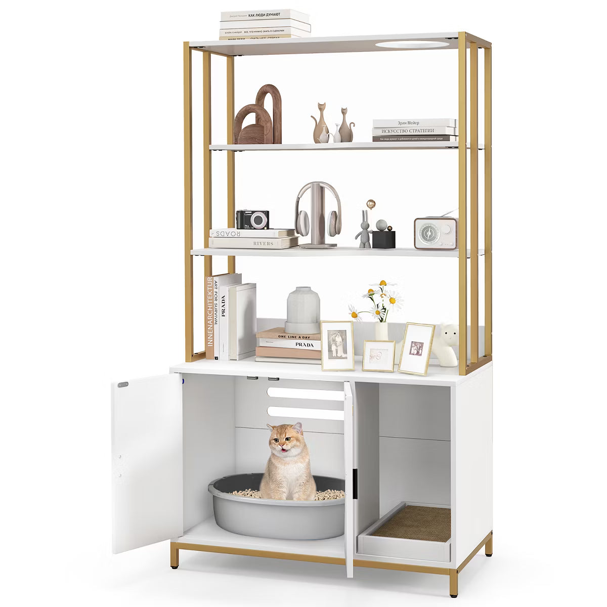 61" Cat Litter Box Enclosure w/ Storage 3-tier Shelves Side Entrance Indoor