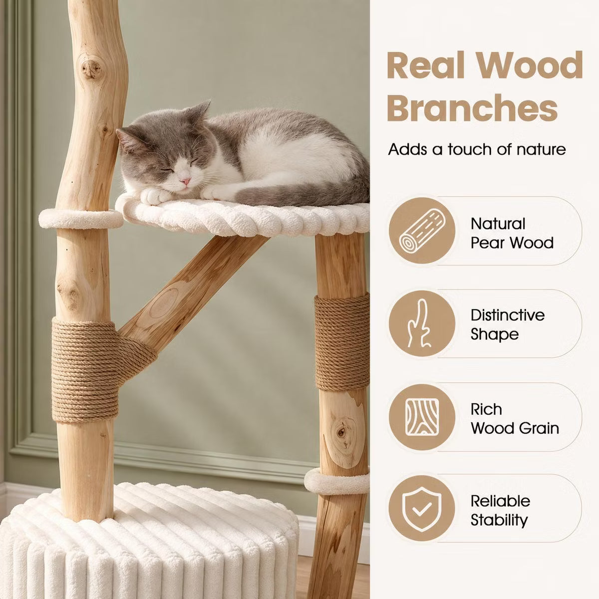 Solid Wood Cat Tree Tower 41 Inch with Real Branches, Scratching Posts and Cozy Bed