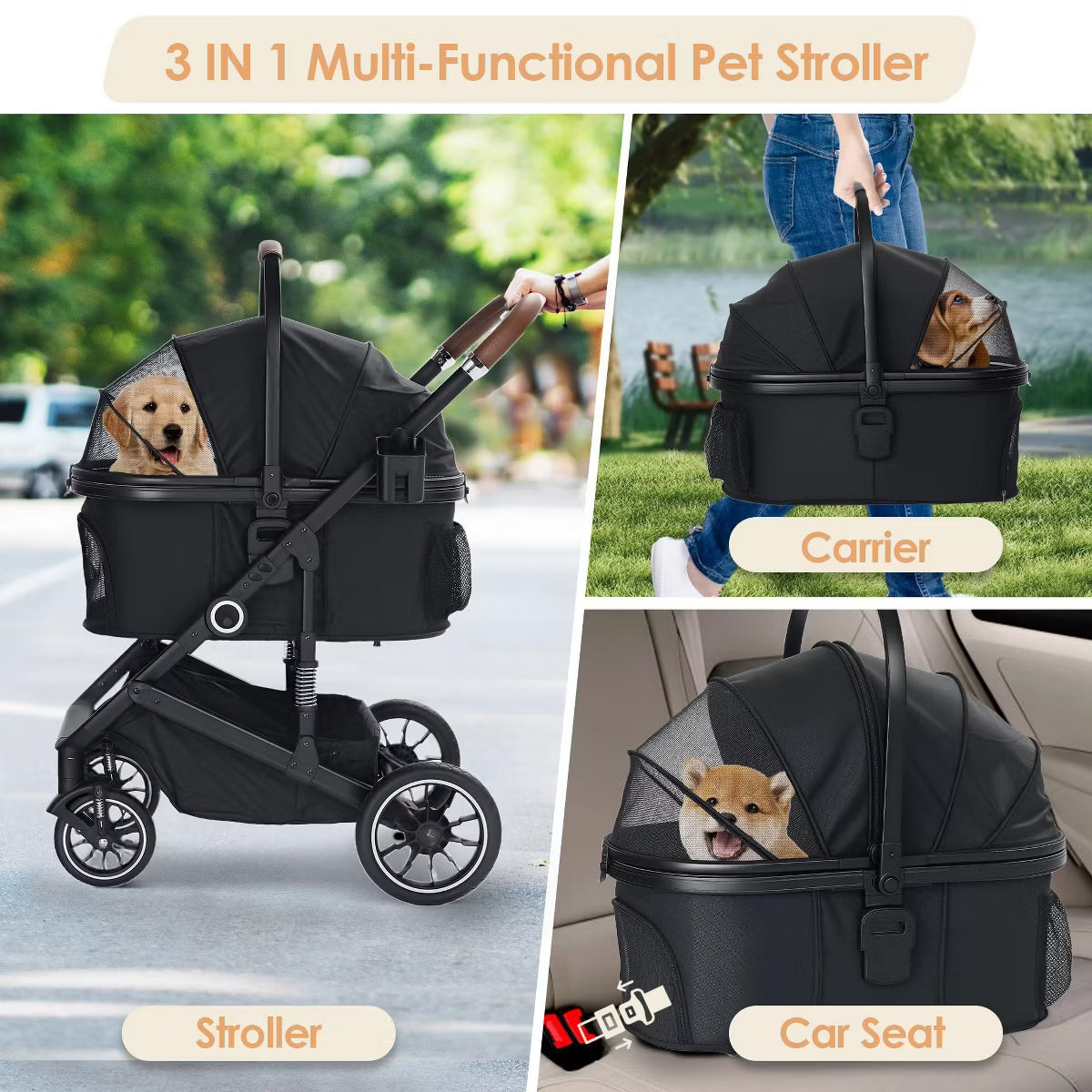 3-in-1 Folding Pet Stroller for Small to Medium Dogs and Cats up to 50 lbs with Storage Basket