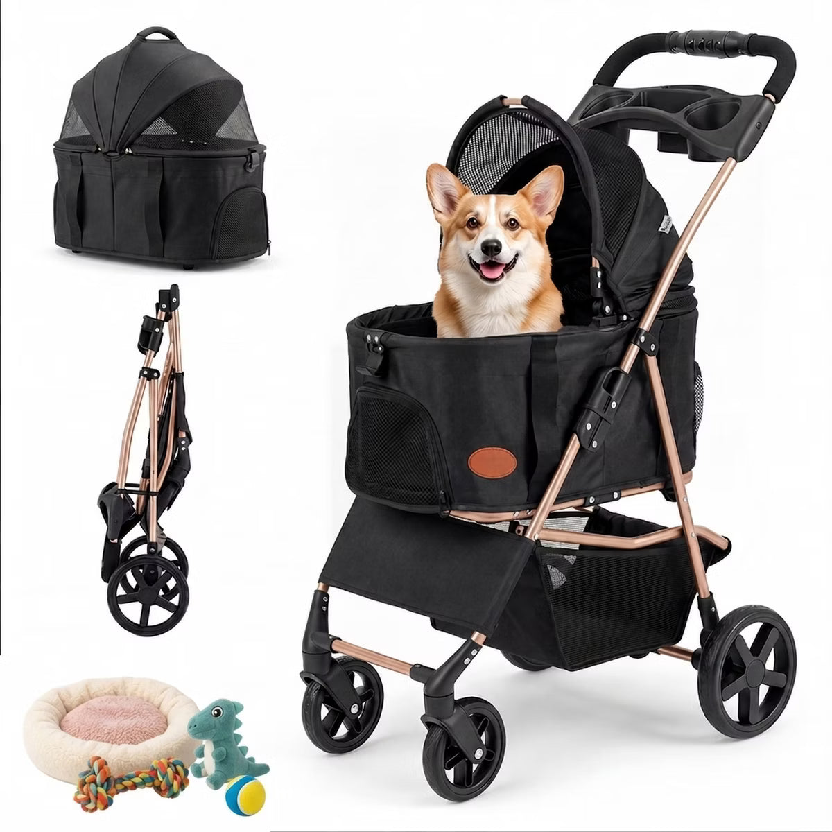 Foldable Dog Stroller for Small and Medium Dogs with Detachable Pet Carrier