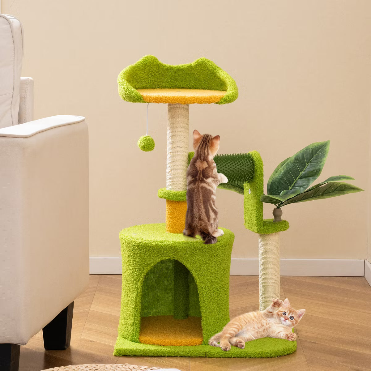Cute Palm Cat Tree w/Artificial Leaves Condo Perch Sisal Scratching Posts