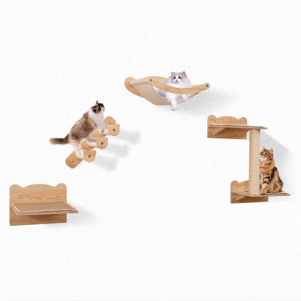 4-Piece Wall Mounted Cat Playground w/ 2-step Cat Tree Wooden Cat Climber Furniture Set