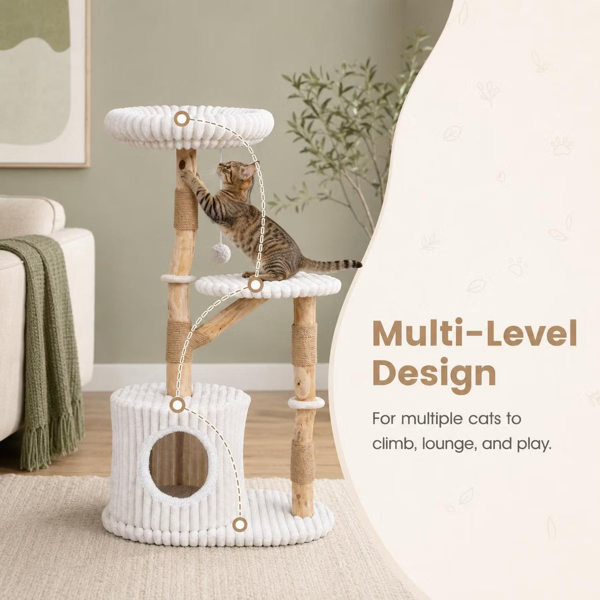 Solid Wood Cat Tree Tower 41 Inch with Real Branches, Scratching Posts and Cozy Bed