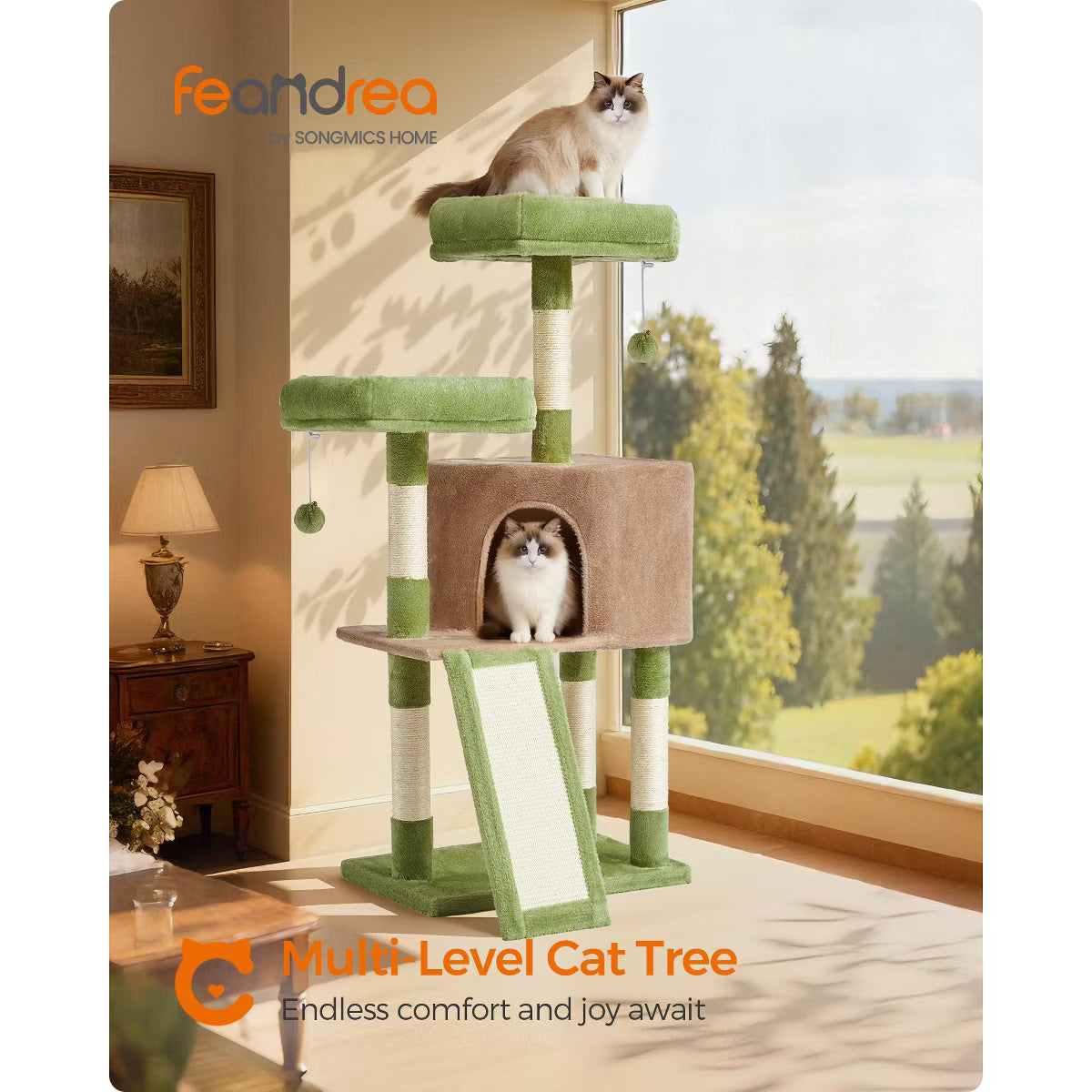 45.3-Inch Cat Tower with Scratching Ramp, Multi-Level Cat Condo with Spacious Cave & 2 Perches,