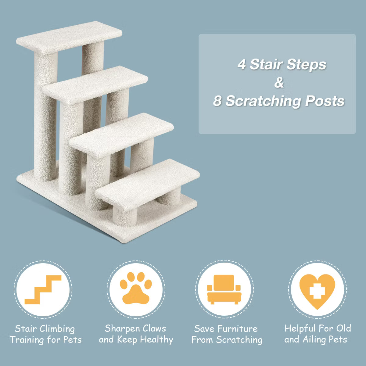24''4-Step Pet Stairs Carpeted Ladder Ramp 8 Scratching Post Cat Tree Climber