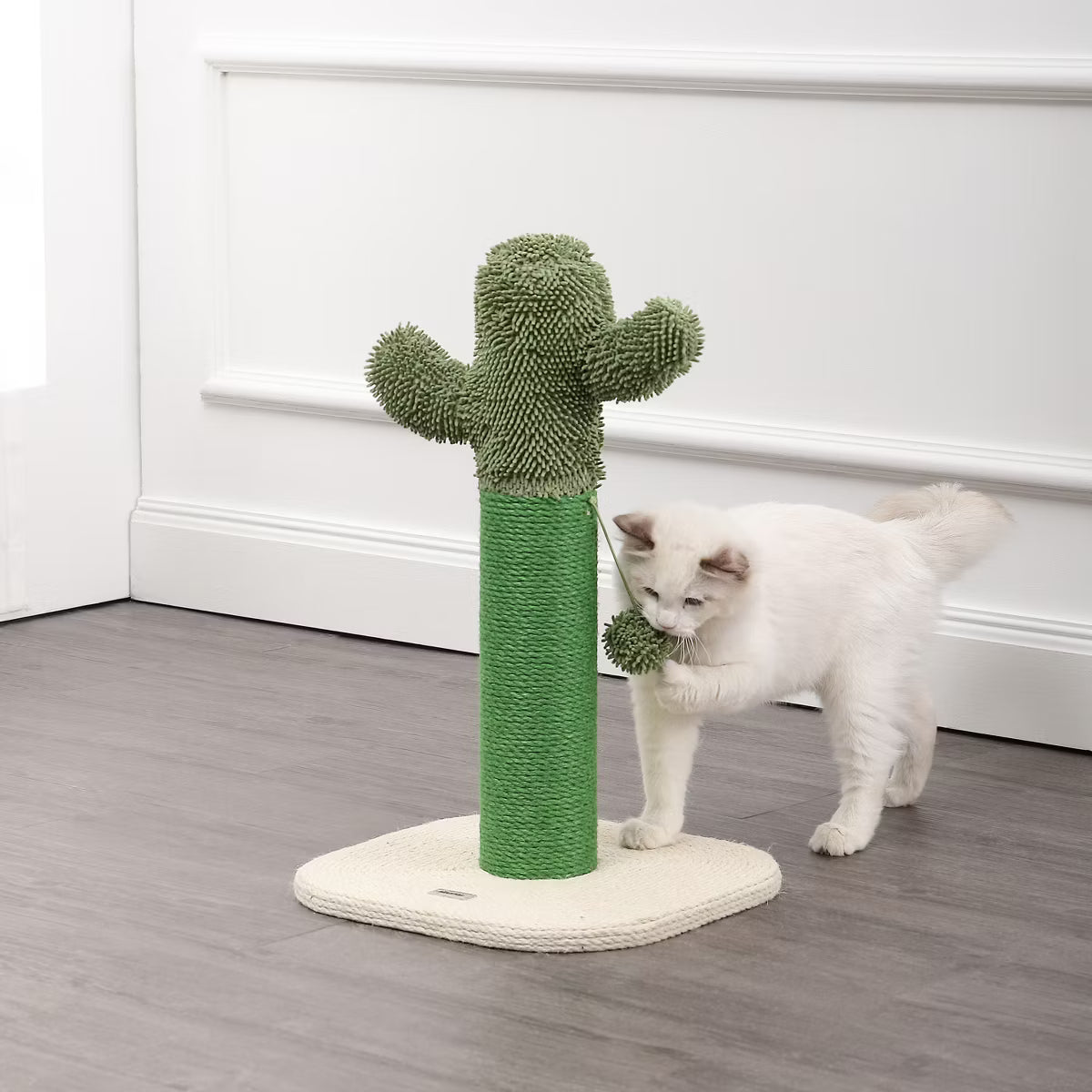 21" Modern Jute Cactus Cat Scratching Post with Fuzzy Toy, Green/White