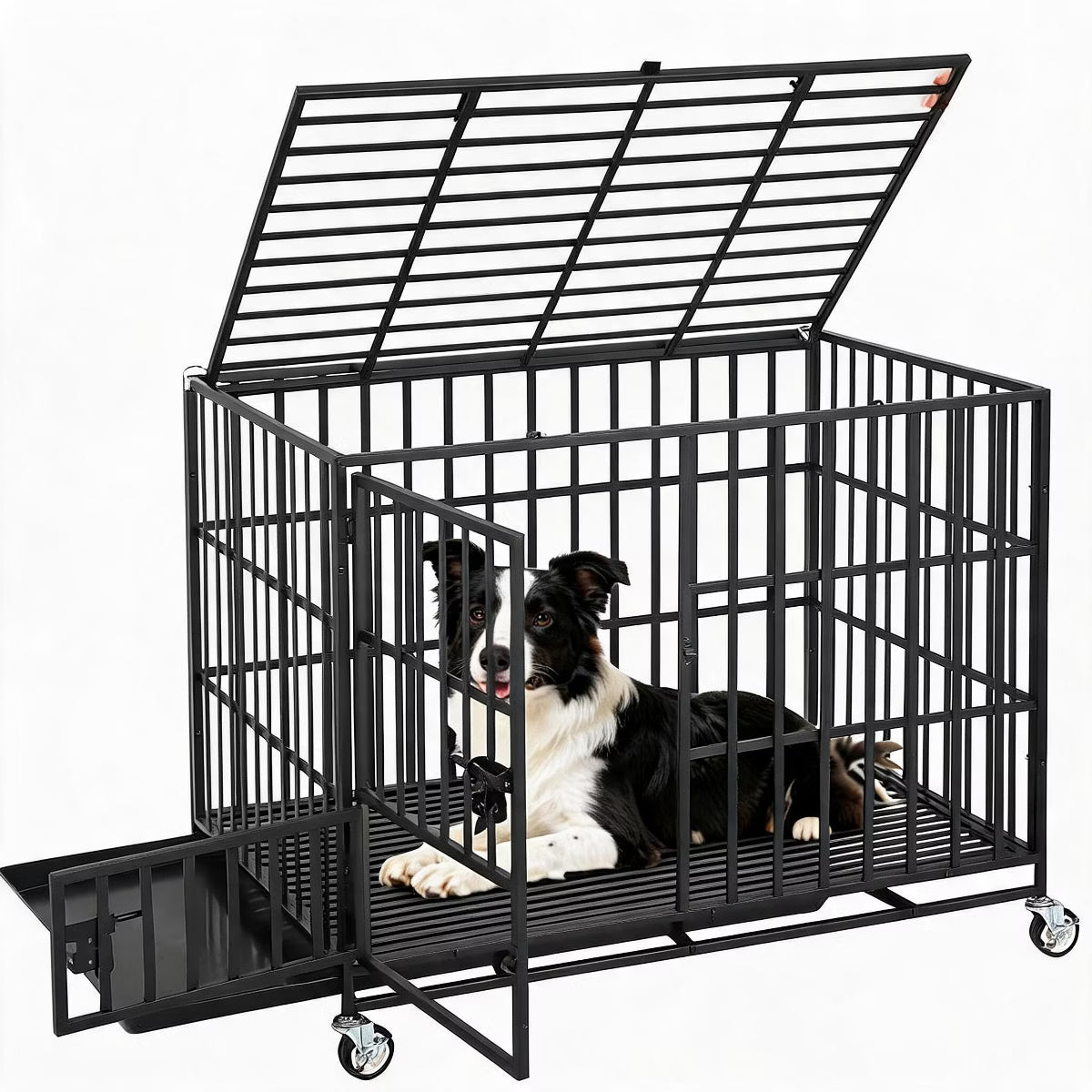 Escape Proof Dog Cage with Rolling Wheels, Sturdy Pet Kennel for Medium and Large Dogs
