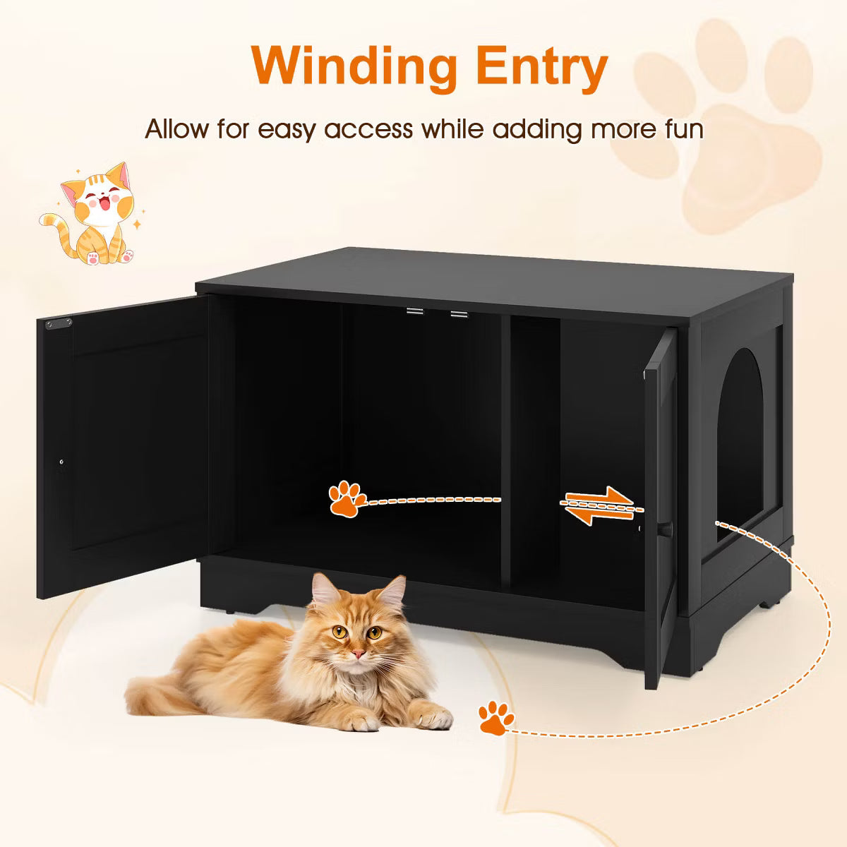 Cat Litter Box Enclosure Furniture with Double Doors Divider Side Entry for Cats Black