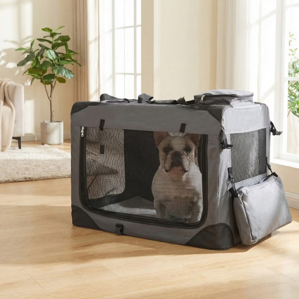 Soft Dog Crate 3-Door Portable Travel Kennel with Mesh Windows and Fleece Bed