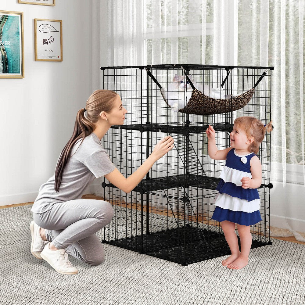 Black 3-tier cat enclosure with cat resting on hammock level