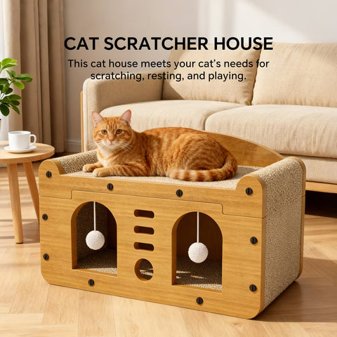 at Scratcher House with Bed and Hanging Pom-Pom Toy,