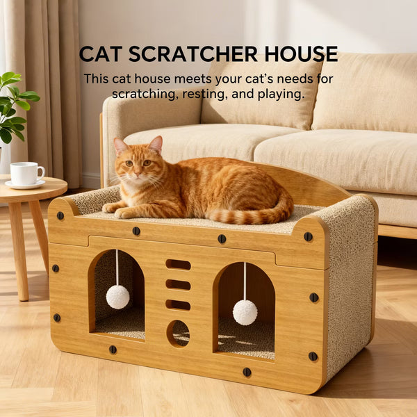 at Scratcher House with Bed and Hanging Pom-Pom Toy,