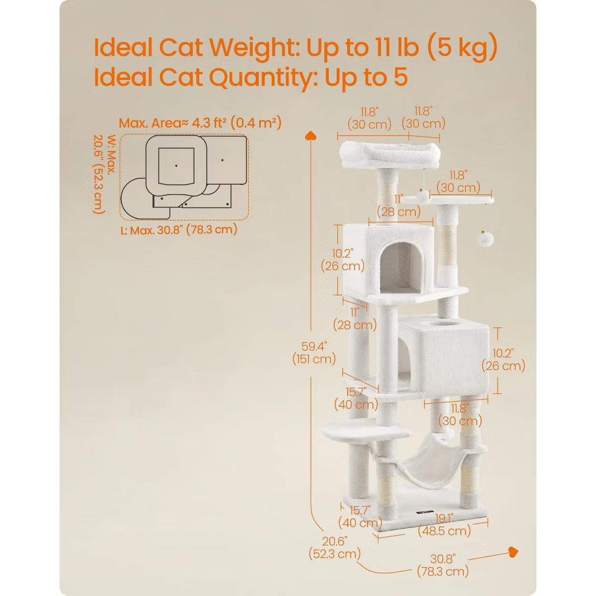 9.5-Inch Tall Cat Tower, Plush Multi-Level Condo with 5 Scratching Posts, 2 Perches