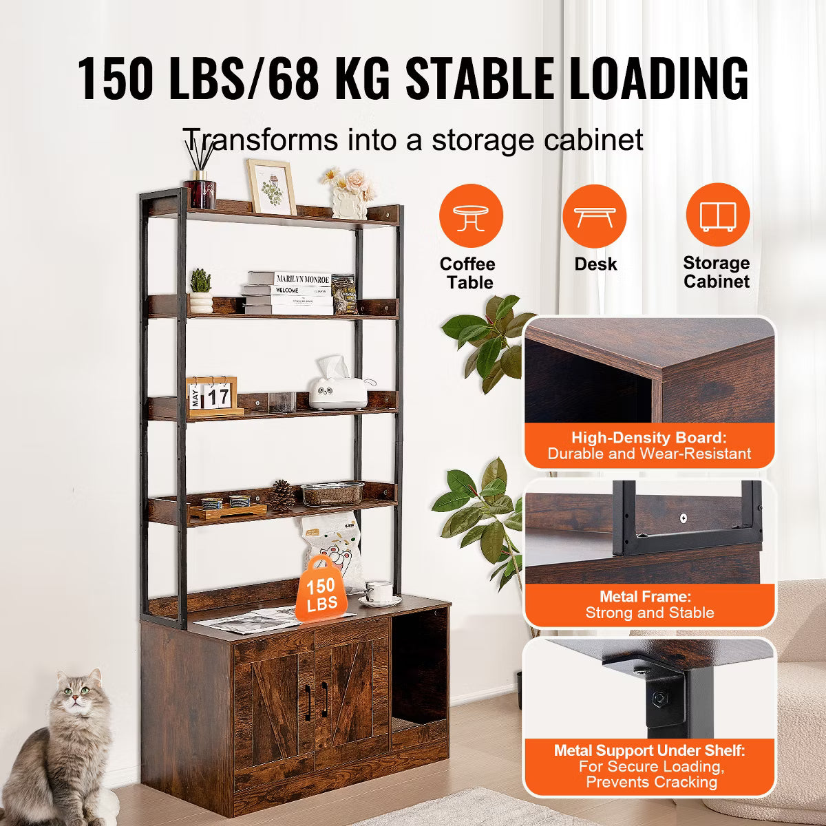 Cat Litter Box Enclosure, Hidden Litter Box Furniture with 4 Storage Shelves, Wooden Cat Washroom Indoor