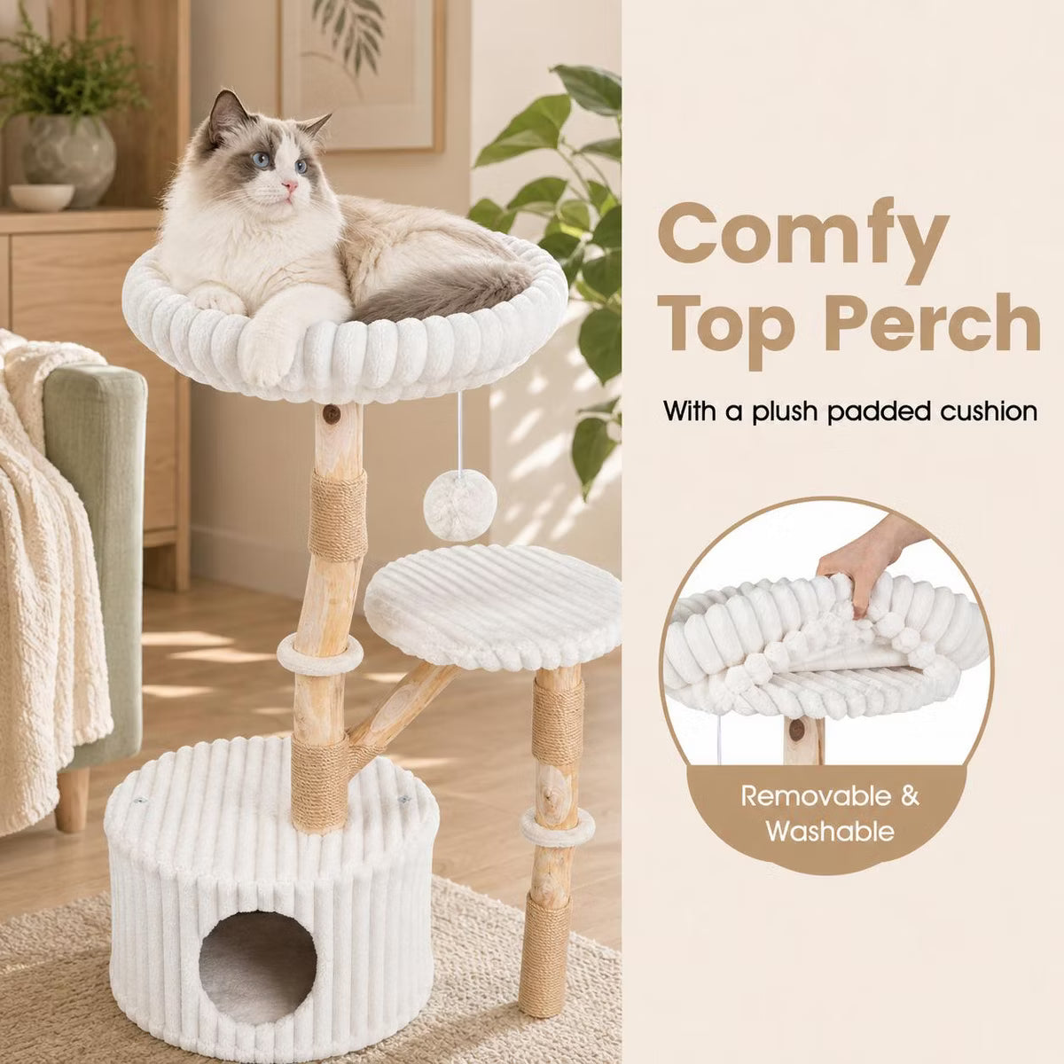 Solid Wood Cat Tree Tower 41 Inch with Real Branches, Scratching Posts and Cozy Bed