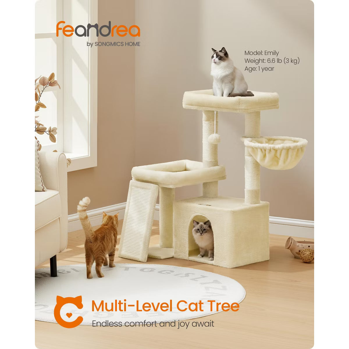Cat Tower Condo with Scratching Posts and Ramp, 2 Large Perches