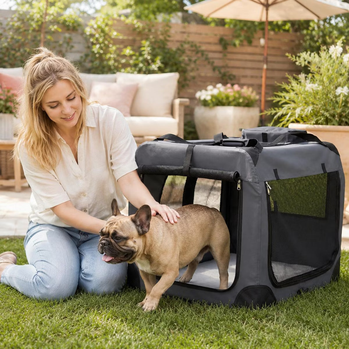 Soft Dog Crate 3-Door Portable Travel Kennel with Mesh Windows and Fleece Bed
