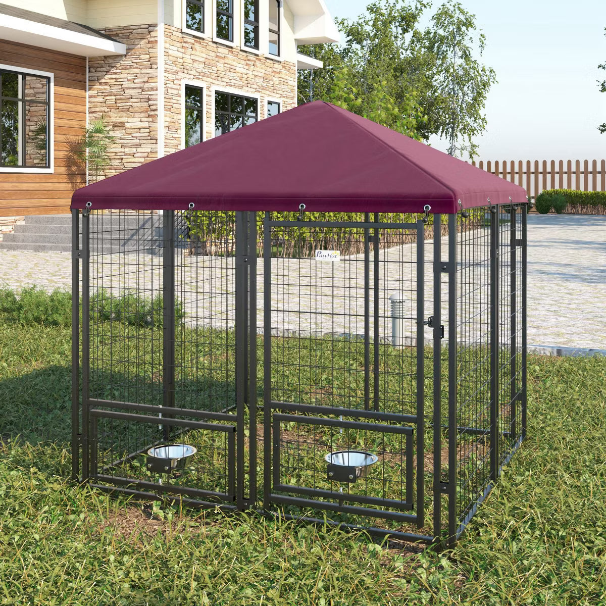Outdoor Dog Kennel with Rotating Bowl Holders