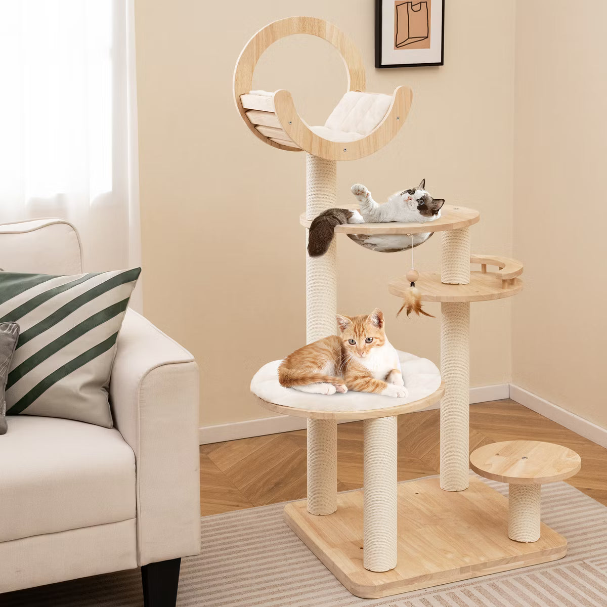 4-in-1 Building Block Cat Tree w/ Space Capsule Nest Padded Platform Hanging Toy