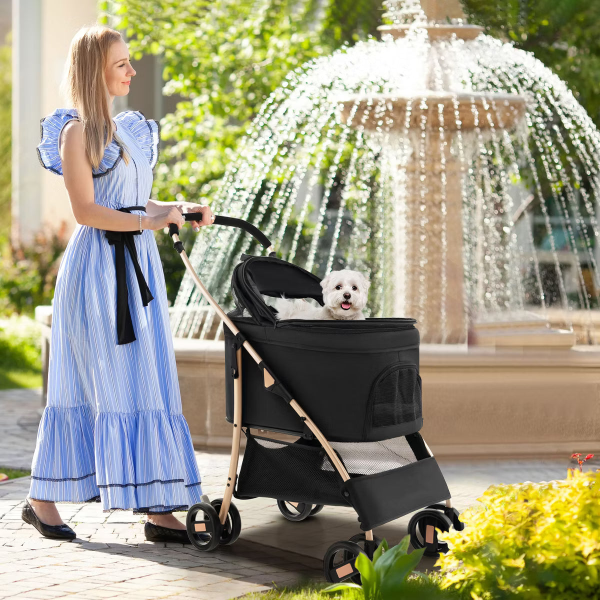 Petsite 3-In-1 Pet Stroller with Removable Car Seat Carrier 4-Level Adjustable Canopy Black & Rose Gold