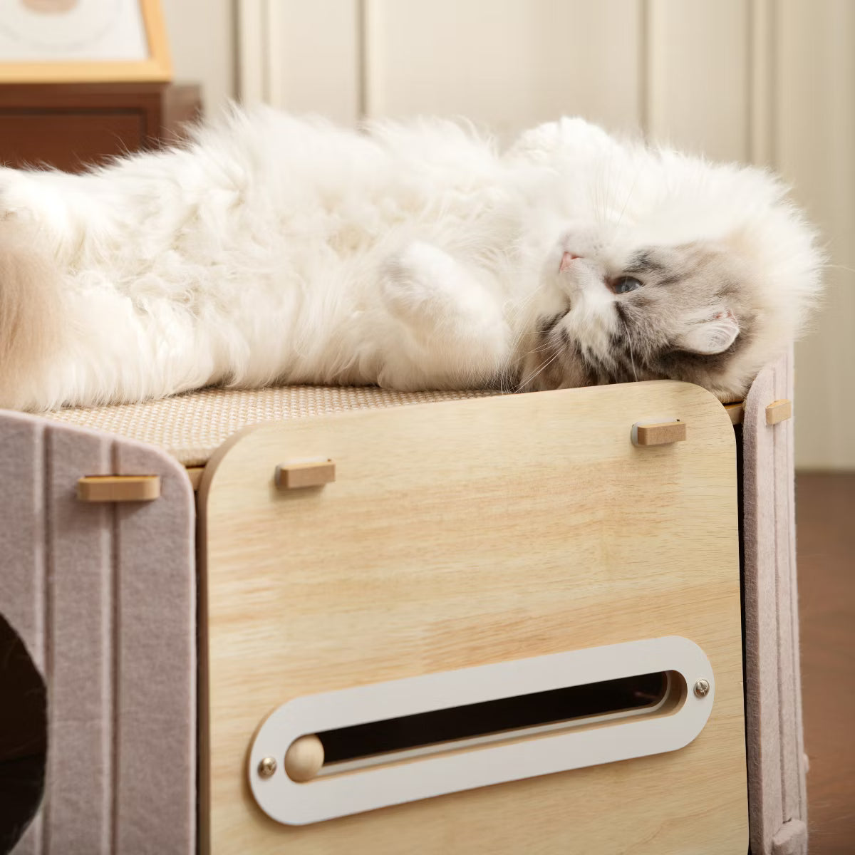 2-in-1 Modern Wooden Cat Condo Bed Beige