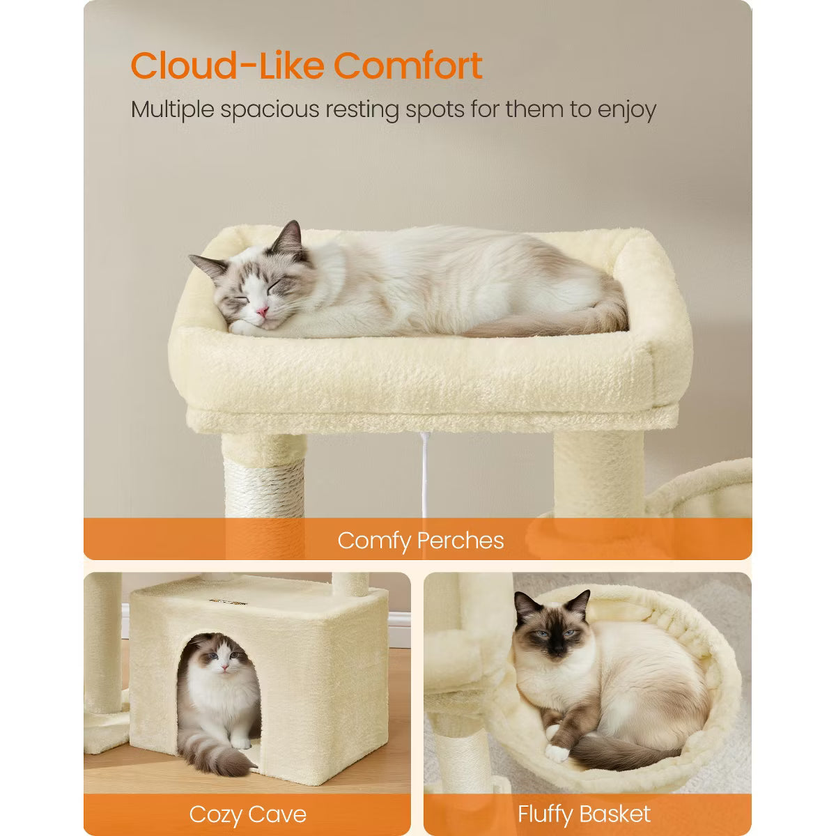 Cat Tower Condo with Scratching Posts and Ramp, 2 Large Perches