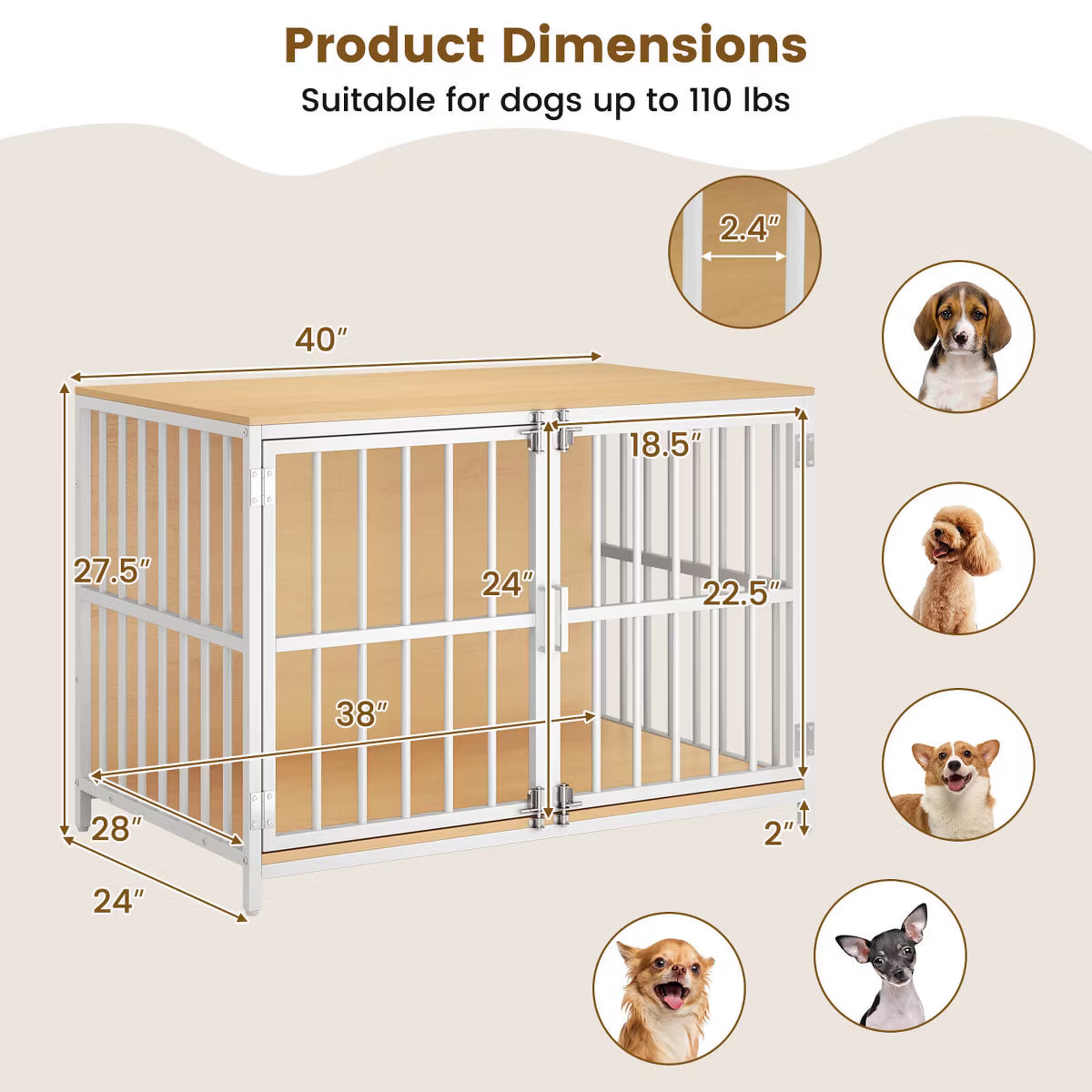 Heavy-duty Dog Crate Furniture with 2 Lockable Doors for Small Medium Breeds Natural