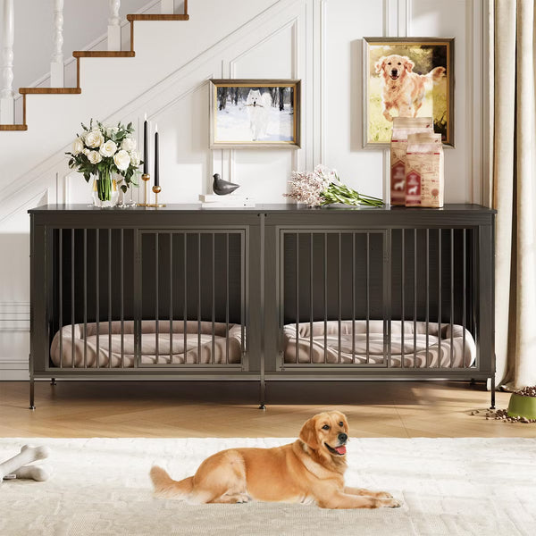 79" Double Dog Crate Furniture, Heavy-Duty Wooden Indoor Dog Kennel with Divider,