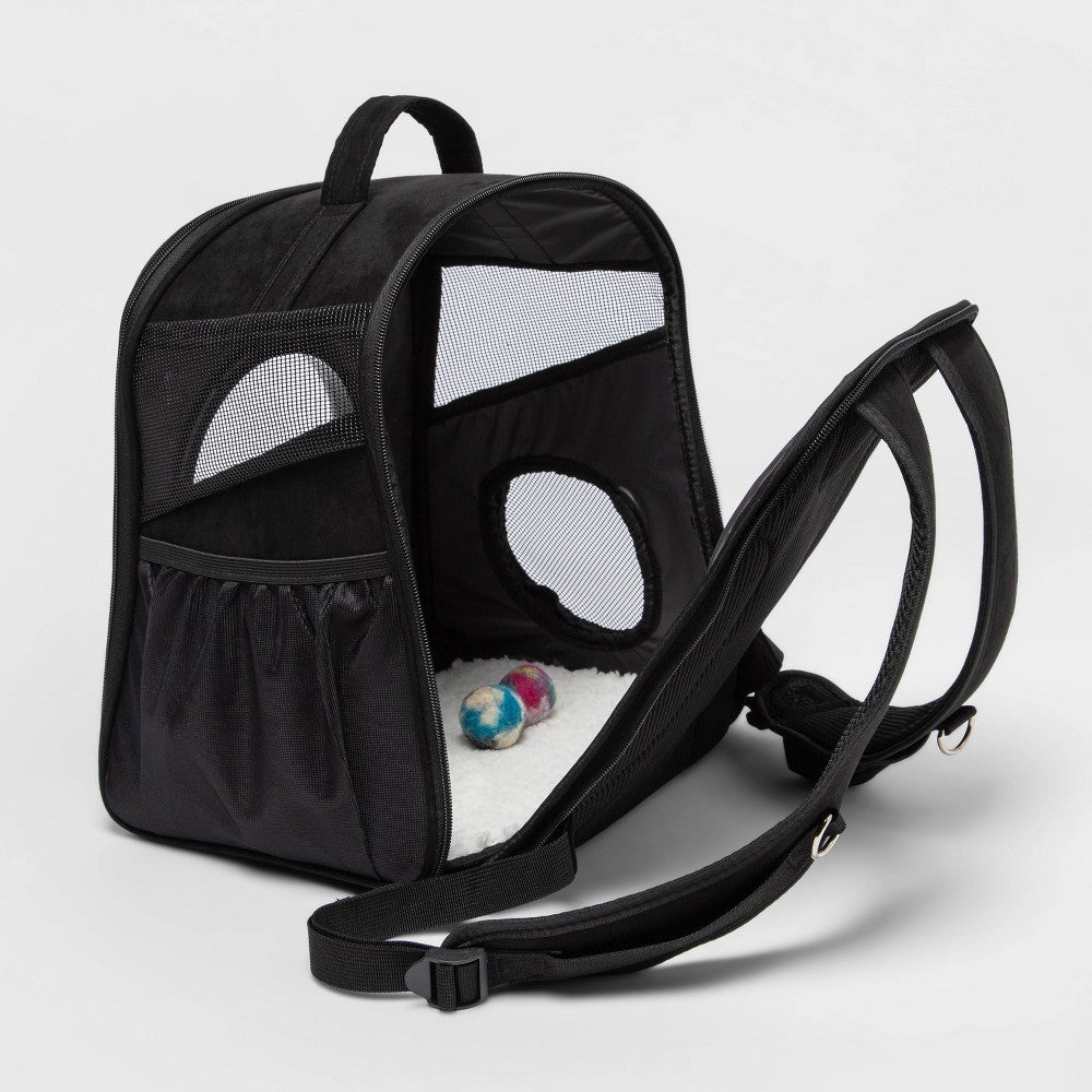Black backpack cat carrier with top zipper opening for easy cat access