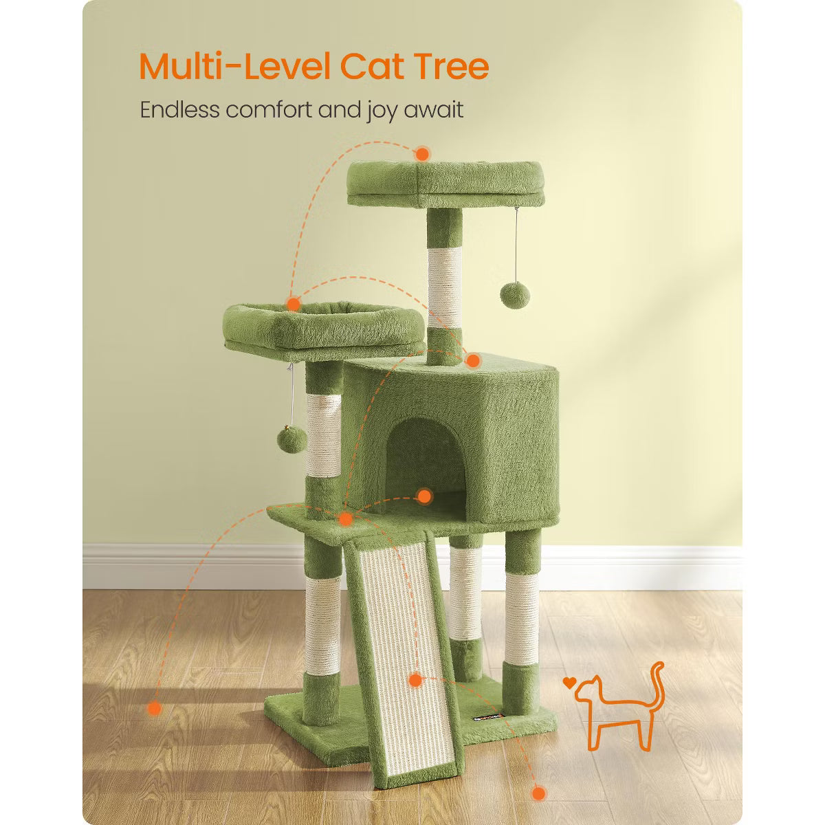 45.3-Inch Cat Tower with Scratching Ramp, Multi-Level Cat Condo with Spacious Cave & 2 Perches,