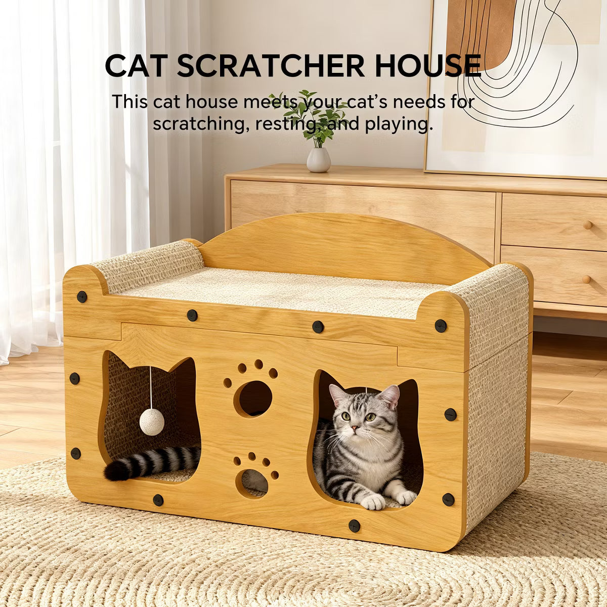 Durable Cat House Box, Cat Scratcher Bed with Hideout Caves