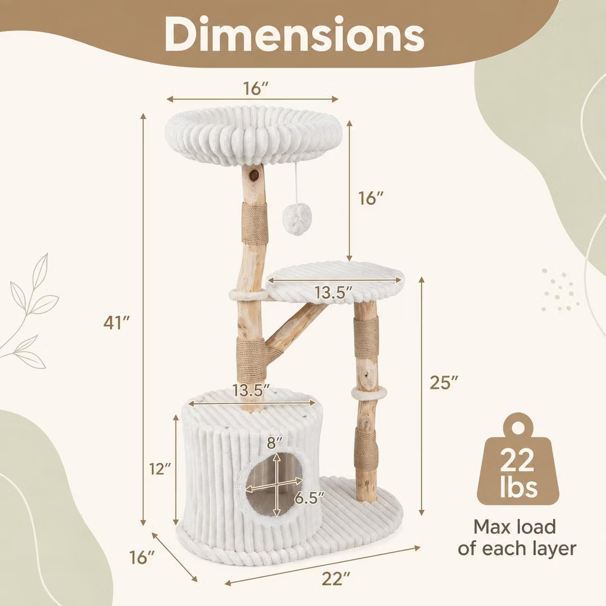 Solid Wood Cat Tree Tower 41 Inch with Real Branches, Scratching Posts and Cozy Bed
