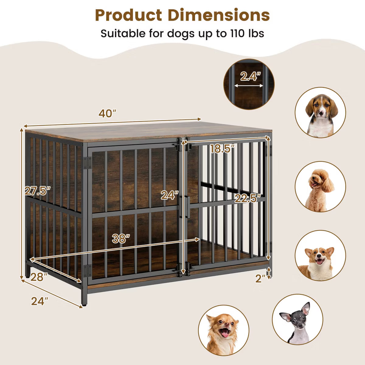 Heavy-duty Dog Crate Furniture with 2 Lockable Doors for Small Medium Breeds Natural