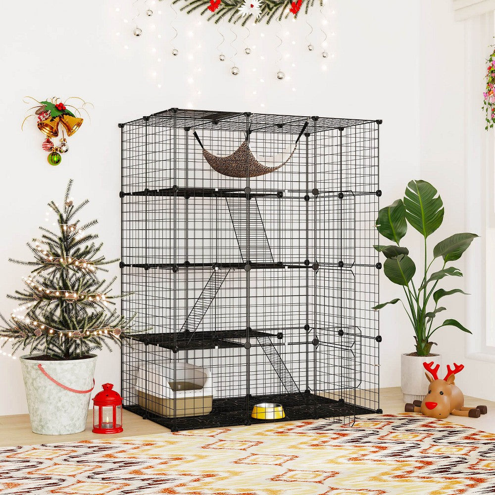 Black 4-tier cat cage with three ladders and four doors
