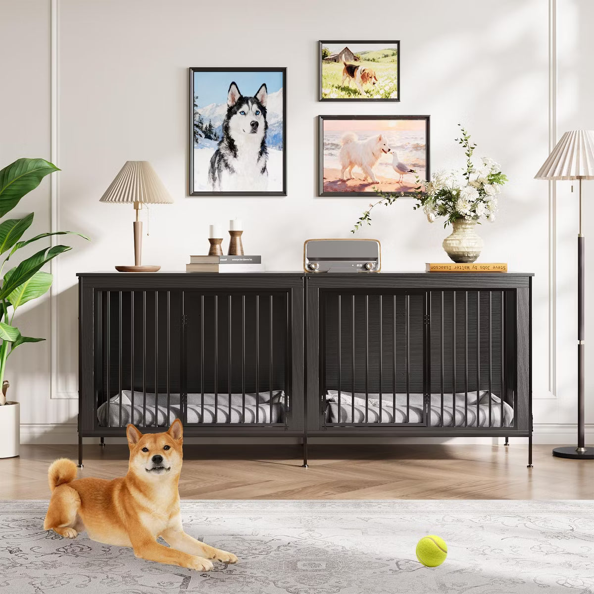 79" Double Dog Crate Furniture, Heavy-Duty Wooden Indoor Dog Kennel with Divider,