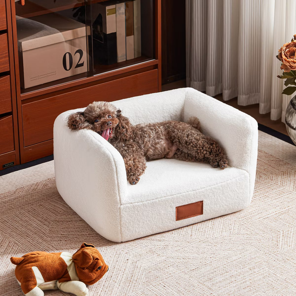 25.6 Inch Faux Shearling Dog Bed Pet Sofa With Leather Nameplate