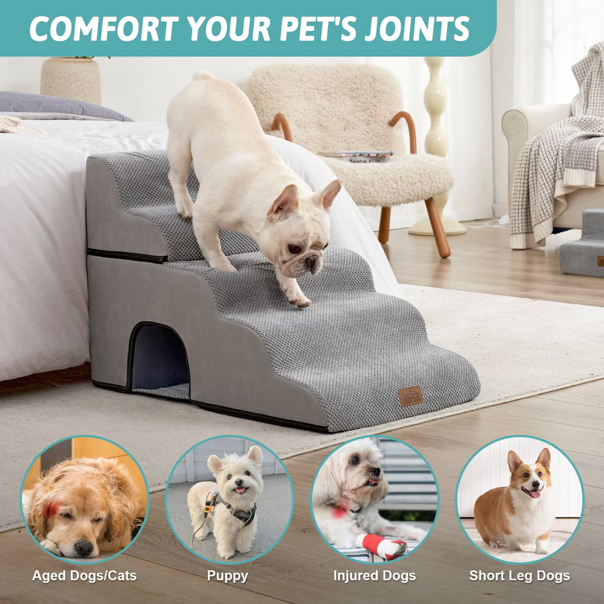 Wide Dog Stairs with Tunnel / 5-Step Foam Pet Ramp