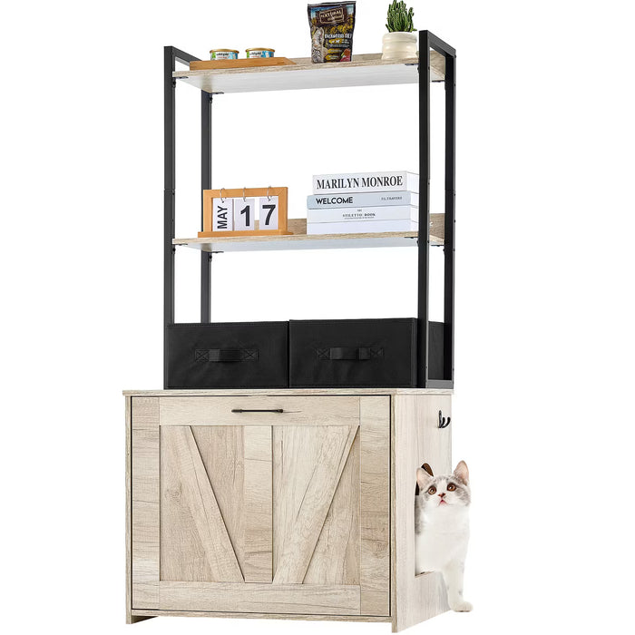Cat Litter Box Enclosure, Hidden Litter Box Furniture with 2 Storage Shelves & 2 Baskets