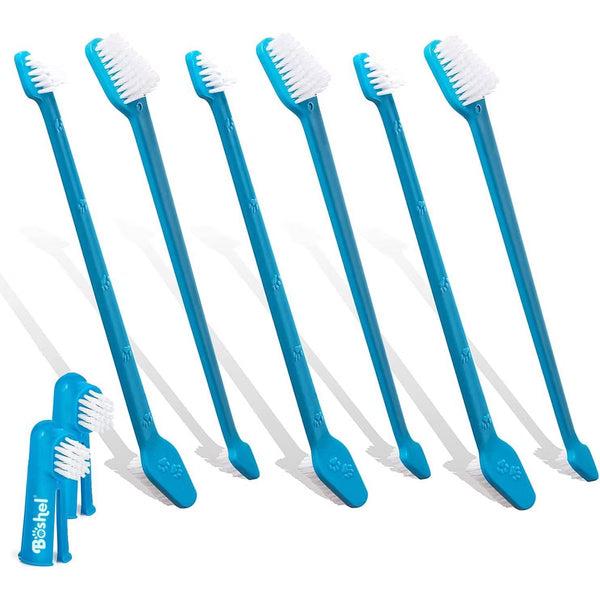 6 Dual-Headed Dog Tooth Brush + 2 Pet Finger Toothbrush for Small and Large Breeds, 8 Pack