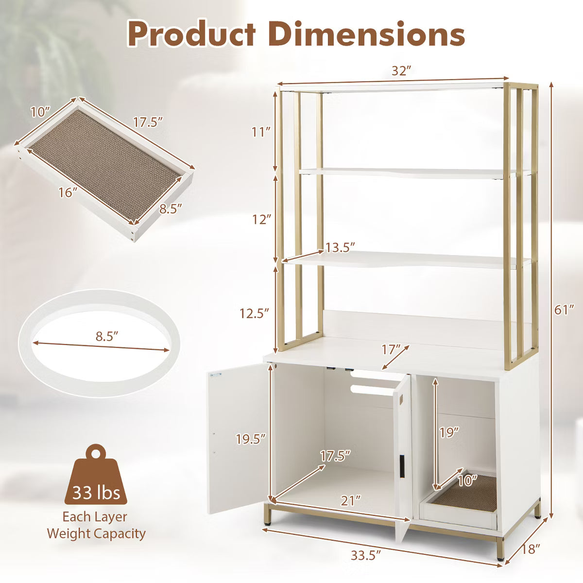 61" Cat Litter Box Enclosure w/ Storage 3-tier Shelves Side Entrance Indoor