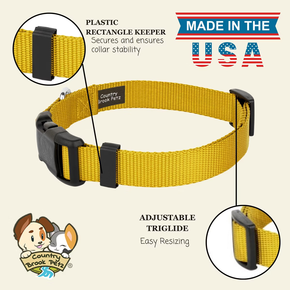 Everyday Nylon Dog Collar (Large, 1 Inch Wide, Gold)
