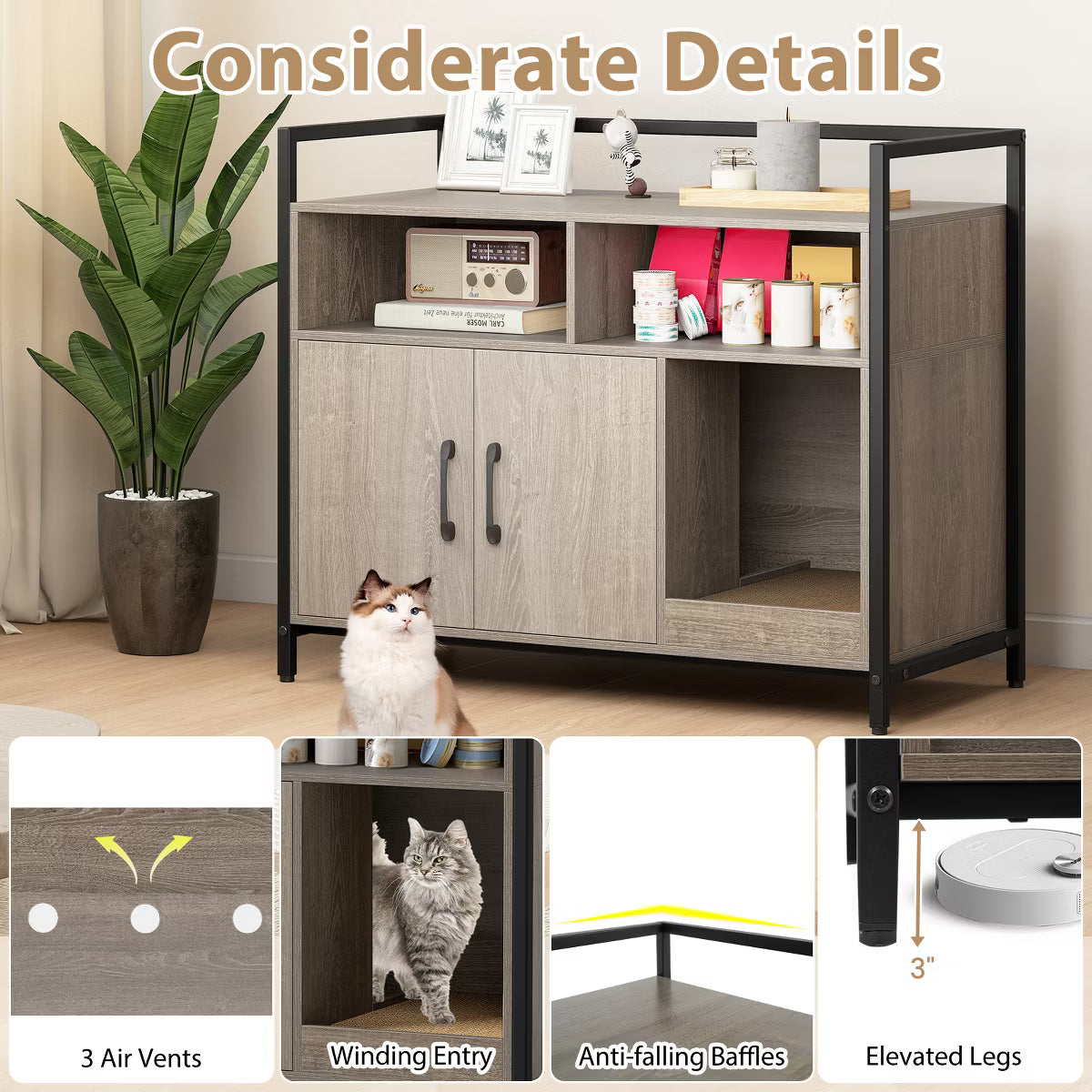 Cat Litter Box Enclosure w/ Storage Compartments Removable Scratching Board Gray