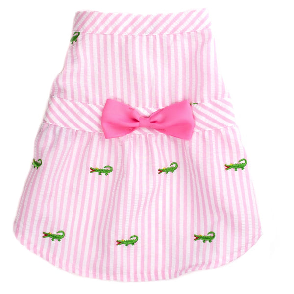 Embroidered Alligator Stripe Seersucker Adjustable Pet Dress