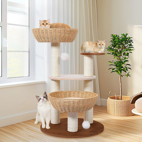 Boho Cat Tree Tower for Indoor Cats with 2 Rattan Basket Beds & Sisal Scratching Posts