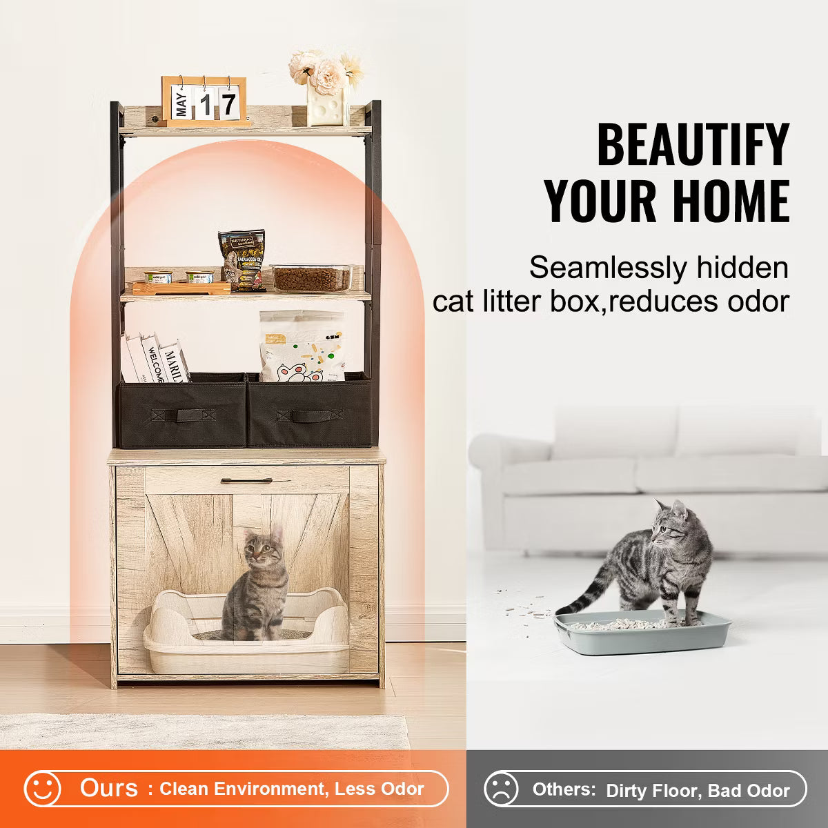 Cat Litter Box Enclosure, Hidden Litter Box Furniture with 2 Storage Shelves & 2 Baskets