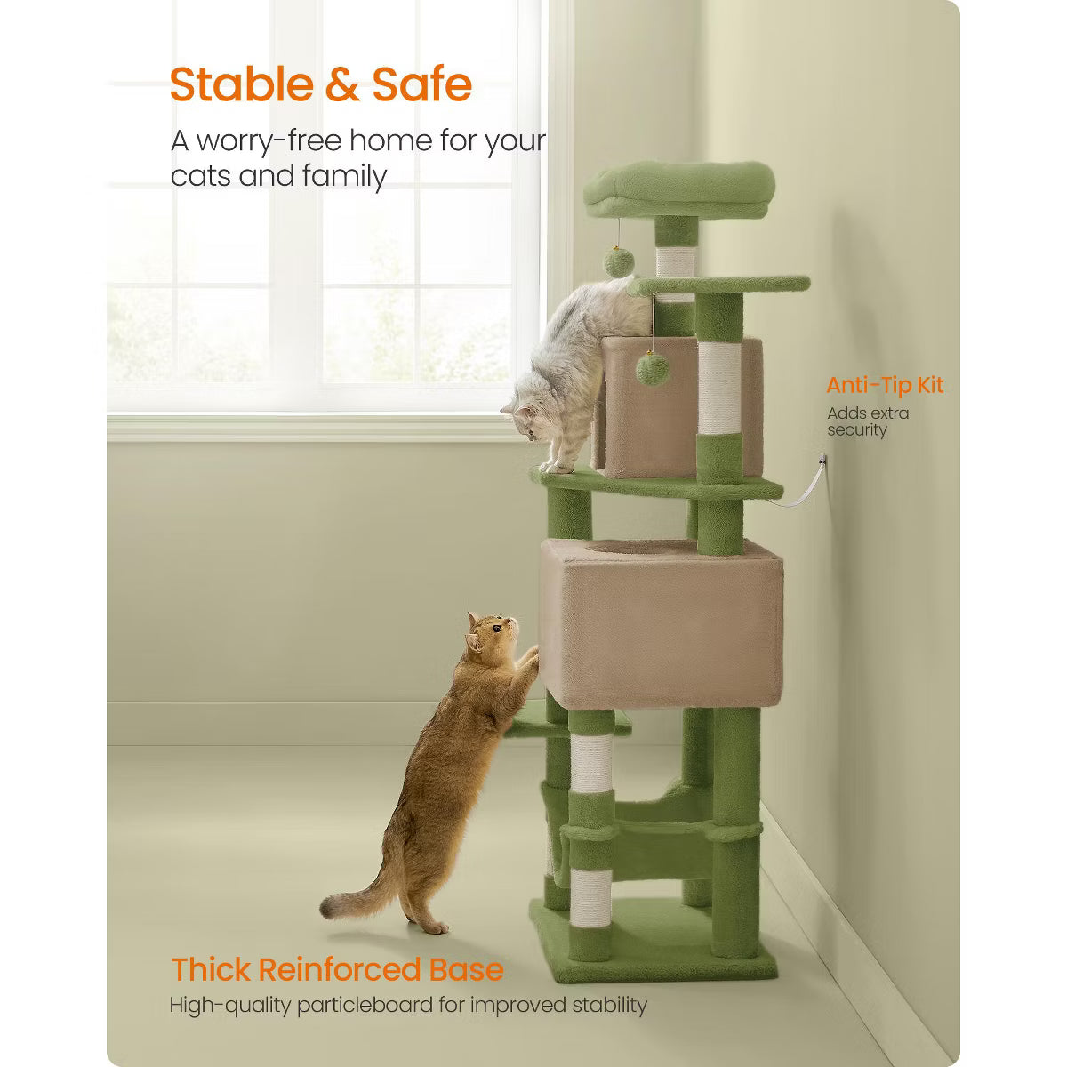 9.5-Inch Tall Cat Tower, Plush Multi-Level Condo with 5 Scratching Posts, 2 Perches