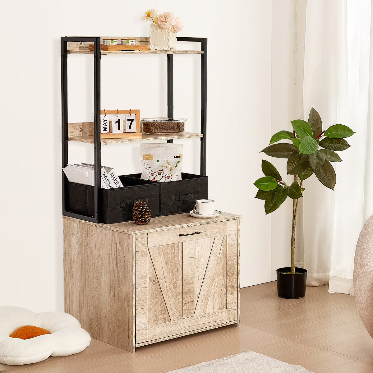 Cat Litter Box Enclosure, Hidden Litter Box Furniture with 2 Storage Shelves & 2 Baskets