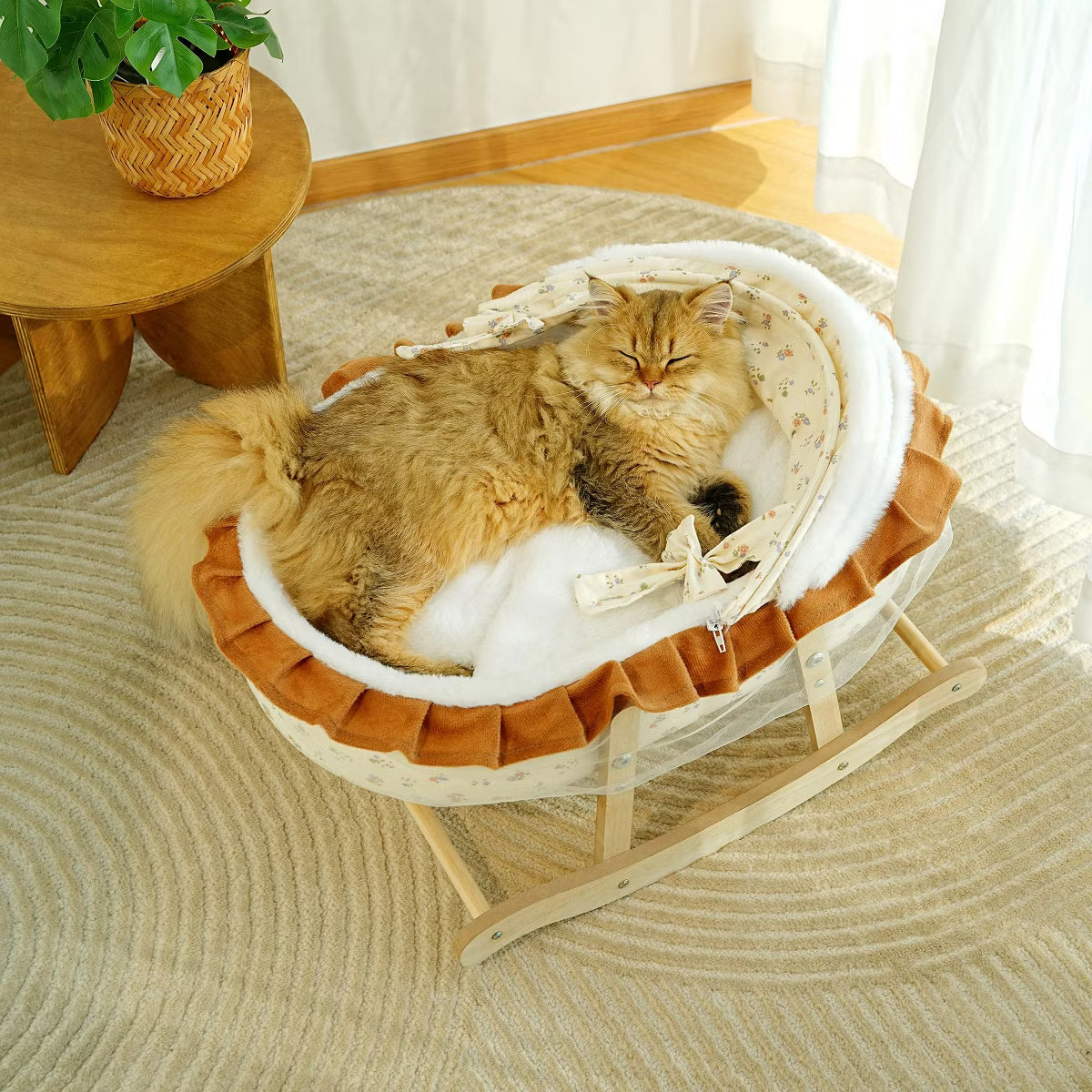 French-Style Rocking Cat Bed - Wooden Stand & Canopy