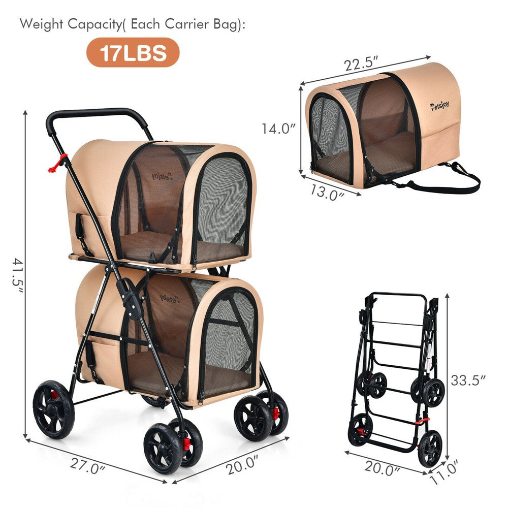 Beige double cat stroller showing mesh windows and front doors